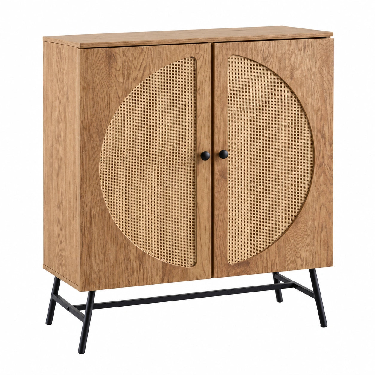 Kommode – 80 cm, mit mehreren Türen, aus Eichenholz und Rattan, Braun
